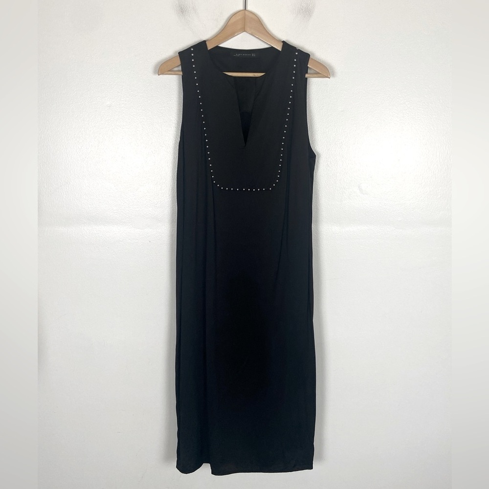 Zara Satin Studded Midi Dress Size M Oversized Black‎ Sleeveless Split Sides - Picture 3 of 10